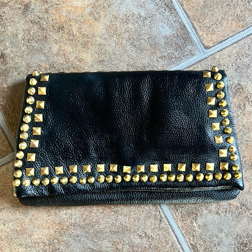 Romygold Black Clutch with Two Row Gold Stud Accents Women’s Purse Bag